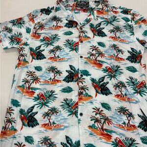 Men’s Casual Tropical Print Short-Sleeve Shirt - White with Teal & Orange, XL